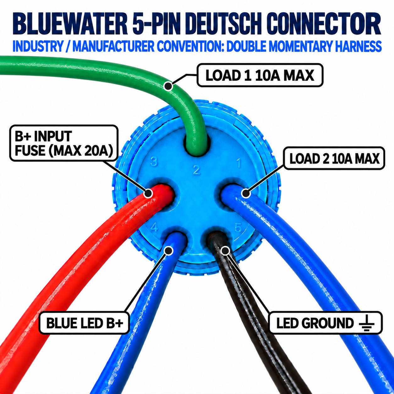 Double momentary switch harness with green Load 1 and blue Load 2 wires